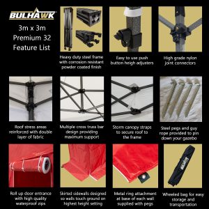 3m x 3m bulhawk premium 32 gazebo key features